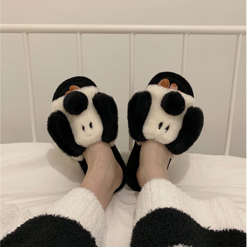 Dép Bông Đi Trong Nhà Giữ Ấm Hình Cún Con Màu Trắng Đen Dễ Thương Cho Cặp Đôi