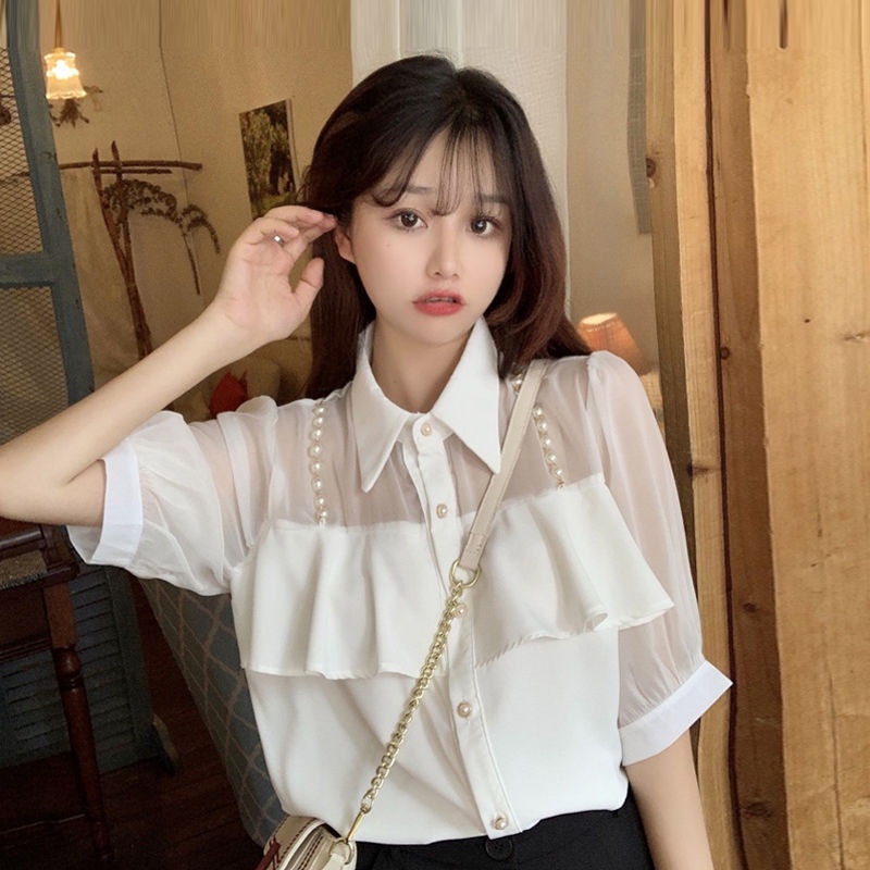 Áo sơ mi nữ tay ngắn đính ngọc trai giả phong cách Pháp thời trang mùa hè