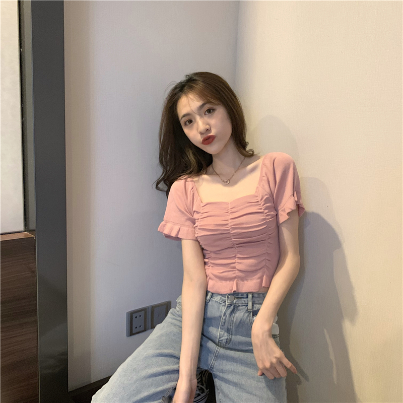 Áo thun COZOK dệt kim tay ngắn cổ vuông hở rốn dáng ôm thời trang cho nữ