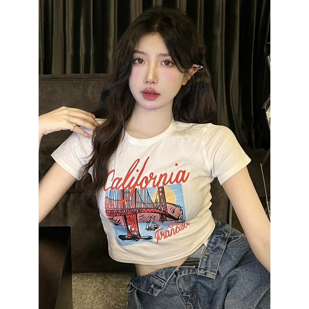 Áo Thun Cổ Tròn Dáng Ôm Ngắn In Họa Tiết Kiểu Retro Cá Tính 64016