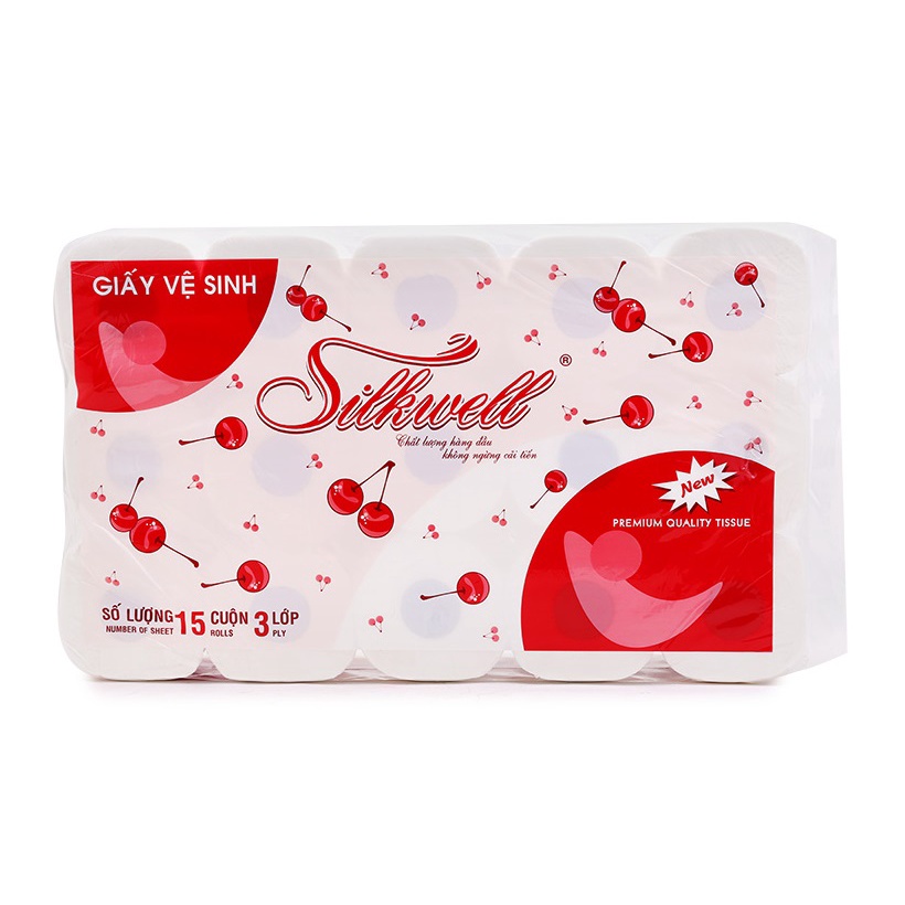 Giấy vệ sinh cao cấp Silkwell Cherry 15 cuộn 3 lớp có lõi, giấy vệ sinh siêu mềm mịn không tẩy trắng hàng chính hãng