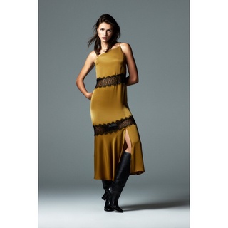 ZARA Đức - Đầm chính hãng auth new tag cao cấp có sẵn sale váy 1165/236 vàng đồng 2 dây phồ ren dáng dài camisole