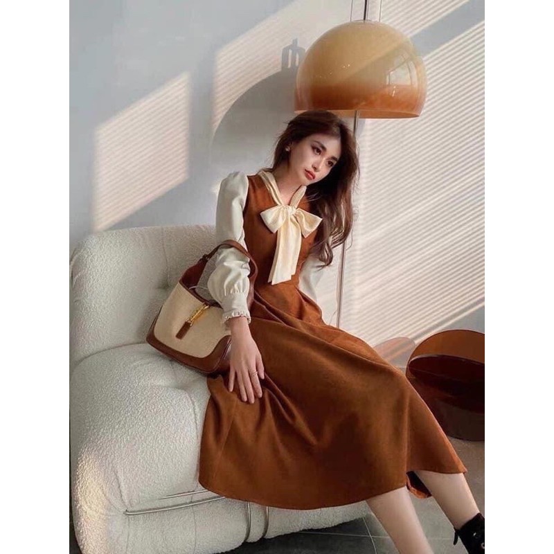 Đầm tiểu thư chất nhung dạ dài tay nơ cổ có khoá sau dáng xoè hottrend | BigBuy360 - bigbuy360.vn