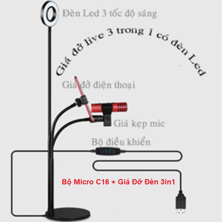 Bộ Micro C16 Bluetooth, Giá Đỡ Đèn 3in1, Tặng Tai Nghe - Combo Mic C16 Livestream Hát Karaoke Giả Giọng Cực - New 2022