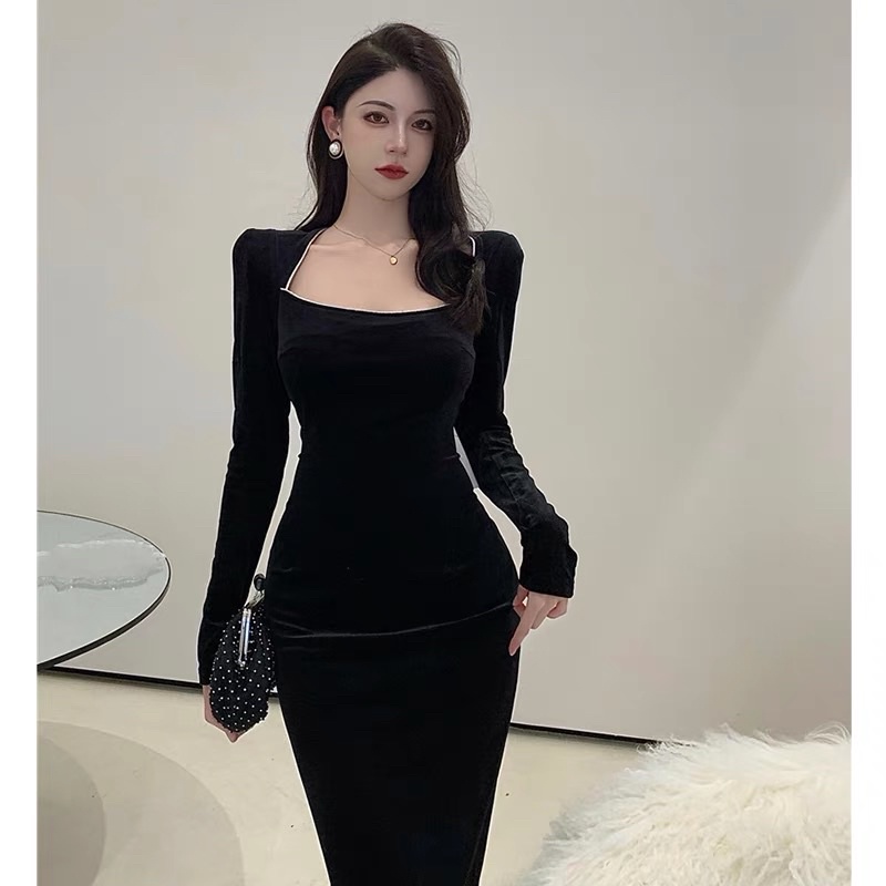 Đầm body tay dài hở lưng phối nơ sau lưng hàng quảng châu