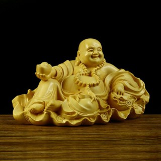 TƯỢNG PHẬT DI LẶC NGỒI LÁ SEN CẦM THỎI VÀNG GỖ HOÀNG DƯƠNG  CAO 7 cm