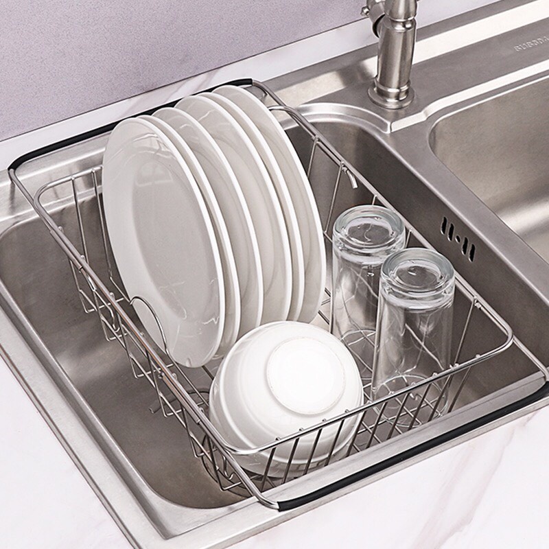 Kệ Inox gác bồn rửa chén co giãn đựng bát đĩa tiện lợi, Giá đựng hoa quả đa năng, hữu ích {H}