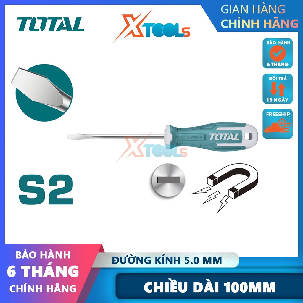 Tua vít dẹp TOTAL nhiều kích cỡ Tuốc nơ vít Thép Cr-V Đường kính 5.0mm hoặc 6.0mm Chiều dài 100mm [CHÍNH HÃNG][XTOOLS]