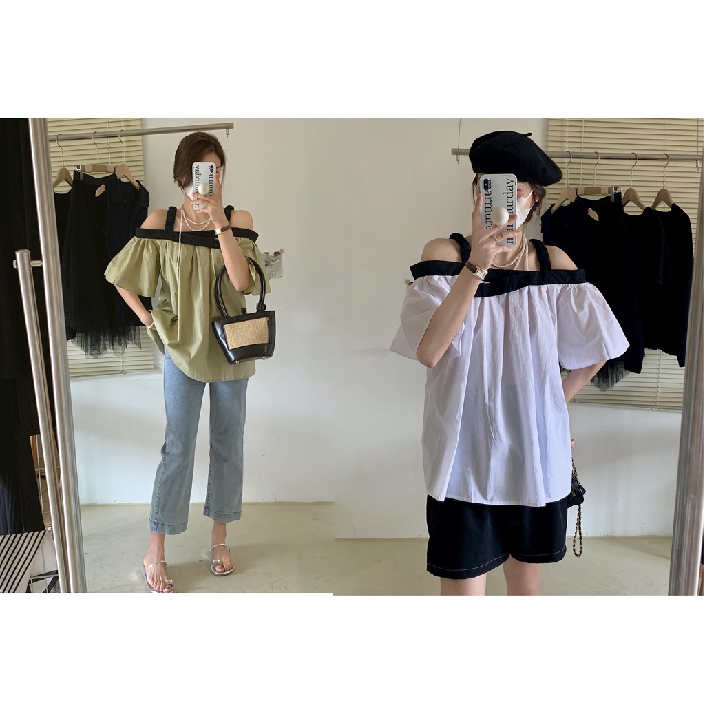 Hàng Có Sẵn Chất Lượng Tốt Áo Sơ Mi Trễ Vai Một Bên Vai Dáng Rộng Màu Sắc Tương Phản Phối Nút Phong Cách Hàn Quốc Thời Trang Chất Lượng Tốt
