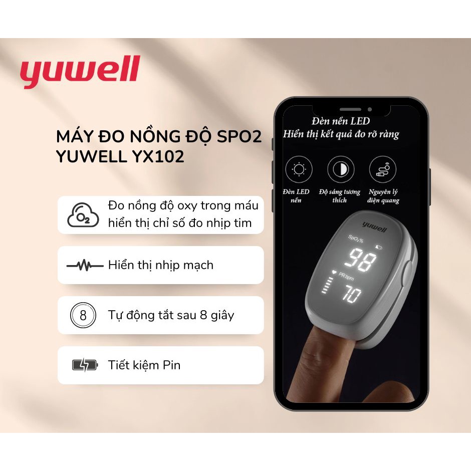 Máy đo nồng độ 0xy trong máu điện tử Yuwell YX102 - nhập khẩu chính hãng, bảo hành 24 tháng