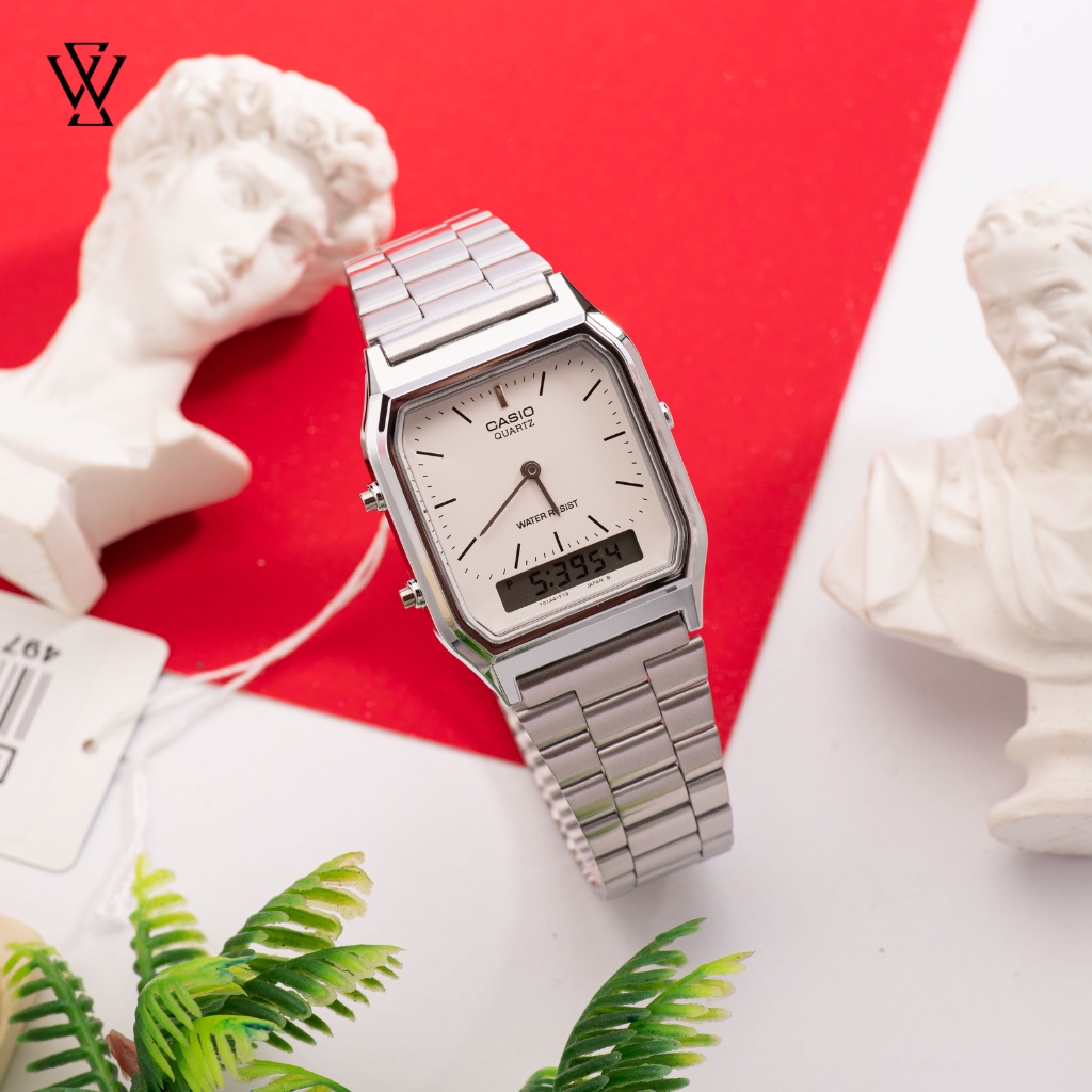Đồng Hồ Điện Tử Unisex Casio WATCHSTORE AQ-230A-7DMQ Thiết Kế Mặt Kính Nhựa 29.8mm, Dây Đeo Kim Loại, Vỏ Thép Không Gỉ