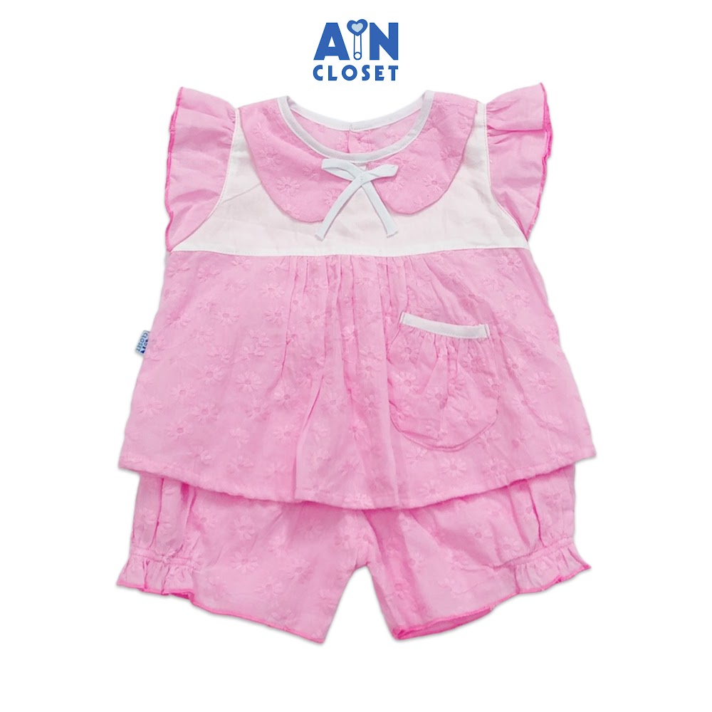 Bộ quần áo ngắn bé gái họa tiết Hoa cúc hồng thêu cotton boi AICDBGHYPLYB AIN Closet