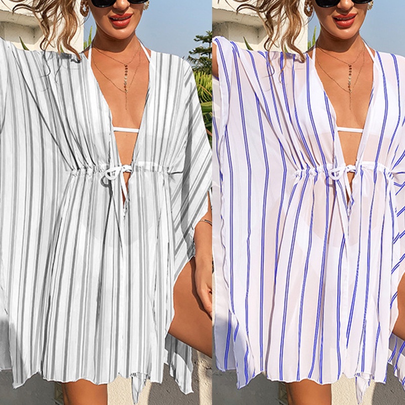 Áo Choàng Cardigan Họa Tiết Kẻ Sọc Dáng Rộng Thời Trang Đi Biển Xinh Xắn Cho Nữ