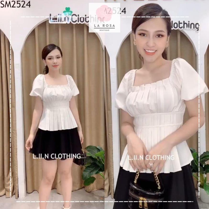 Áo Peplum Nữ Trắng Xếp ly 💝 Áo sơ mi cổ vuông Nữ Tay bồng siêu dễ thương