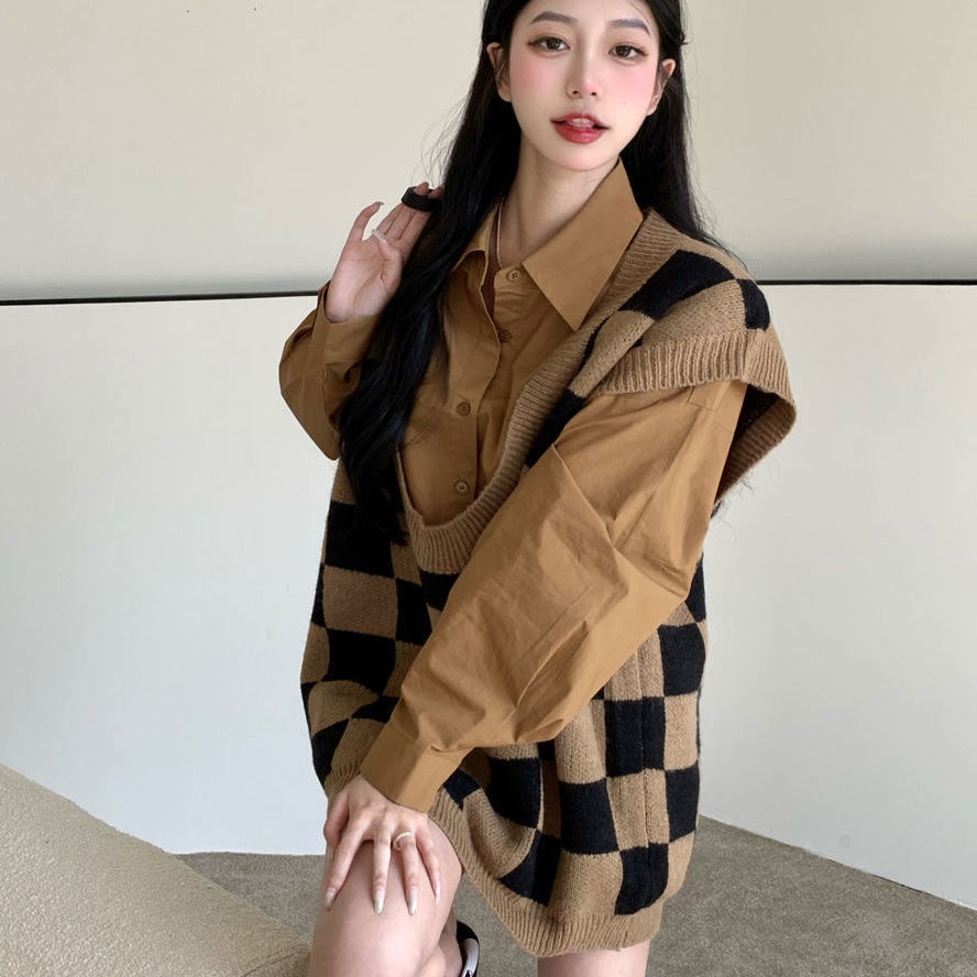 Set áo sơ mi tay dài dáng rộng phong cách retro + áo ghi lê thời trang mùa thu mới 2021 (có bán lẻ)