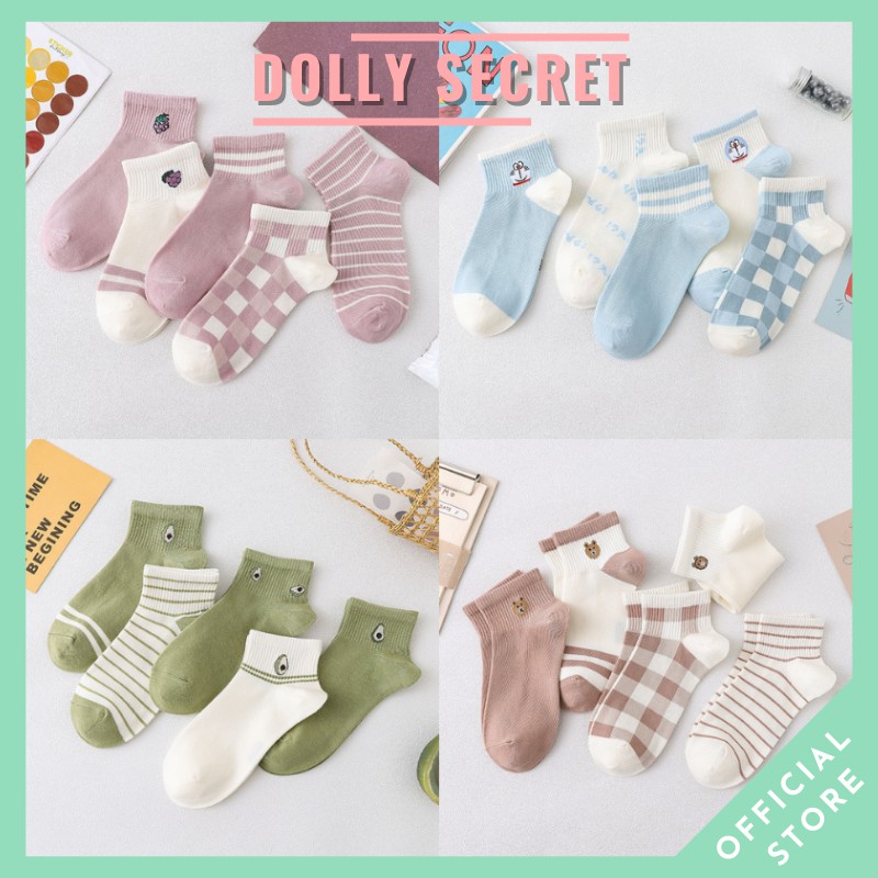 Set 5 đôi tất vớ cổ ngắn họa tiết kẻ Vintage dễ thương cotton mềm nhiều kiểu cute dễ thương DOLLY SECRET T06