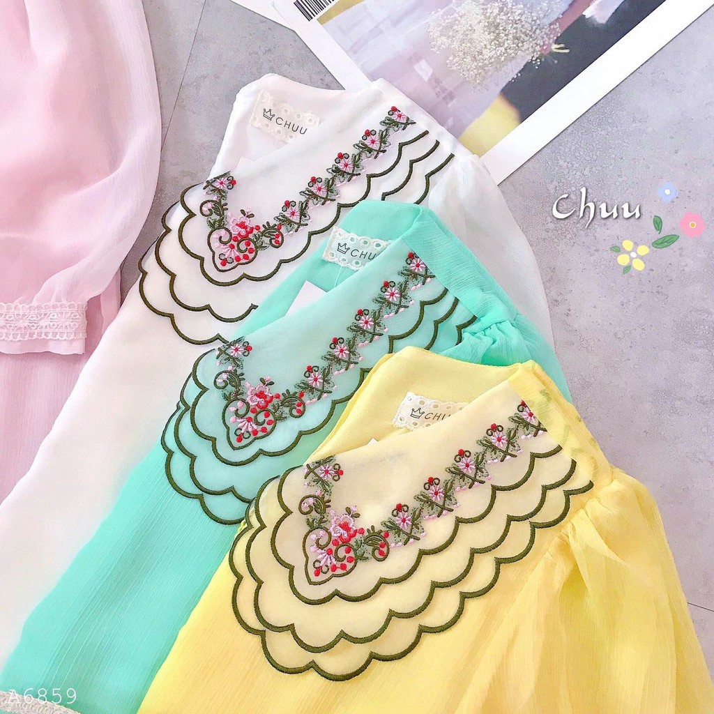 Áo sơ mi voan tơ cổ thêu tay phồng tiểu thư CHUU A6859