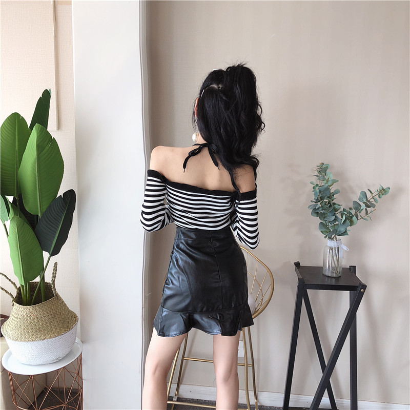 Áo dệt kim tay dài kẻ sọc trắng đen gợi cảm dành cho nữ