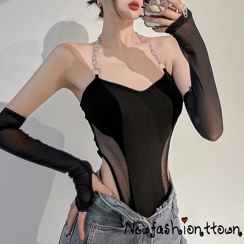 Nfashion Bộ Áo Liền Quần Phối Lưới Dây Xích + Tay Áo Cánh Tay Màu Đen Hợp Thời Trang Cho Nữ