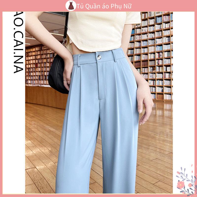 Qu > twy n > l > ng Quần Tây Vải Lụa Lạnh Mỏng Ống Rộng Lưng cao Màu Xanh Dương Thời Trang Mùa Hè Cho Nữ