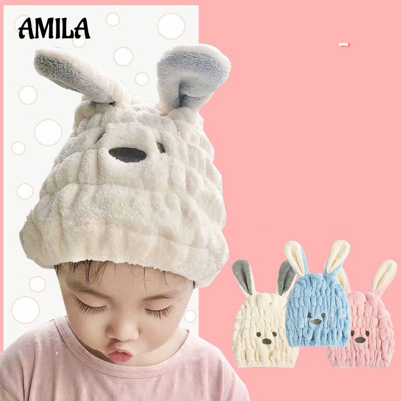 Mũ trùm tóc AMILA thấm hút nước nhanh khô thiết kế tai thỏ dễ thương cho bé