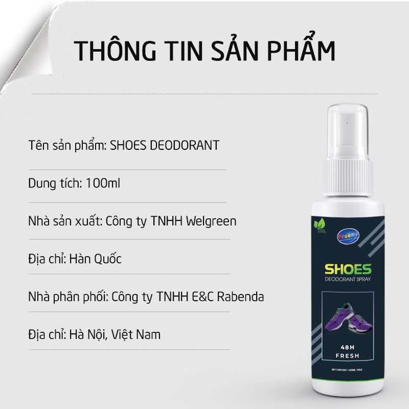 Xịt khử mùi hôi giày Freeme, chống hôi chân,khử khuẩn bảo vệ 24h - Nhập khẩu Hàn Quốc 100ml KMG