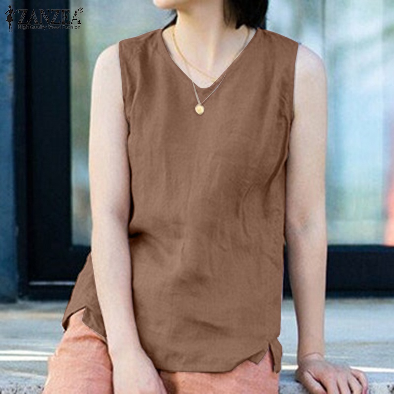 Áo không tay ZANZEA cổ chữ V màu trơn dáng rộng thời trang cho nữ