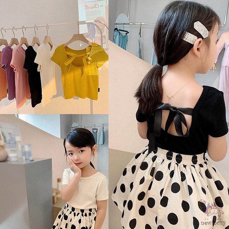 Áo Thun Cotton Tay Ngắn Hở Lưng Thắt Nơ Dễ Thương Phong Cách Hàn Quốc Thời Trang Mùa Hè Cho Bé Gái