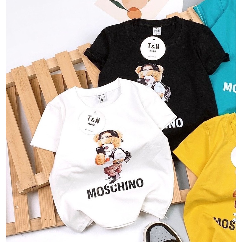 Áo phông thun cotton ngắn tay hình gấu MOCHINO cho bé trai từ 7 đến 18 kg, SUN KID'S