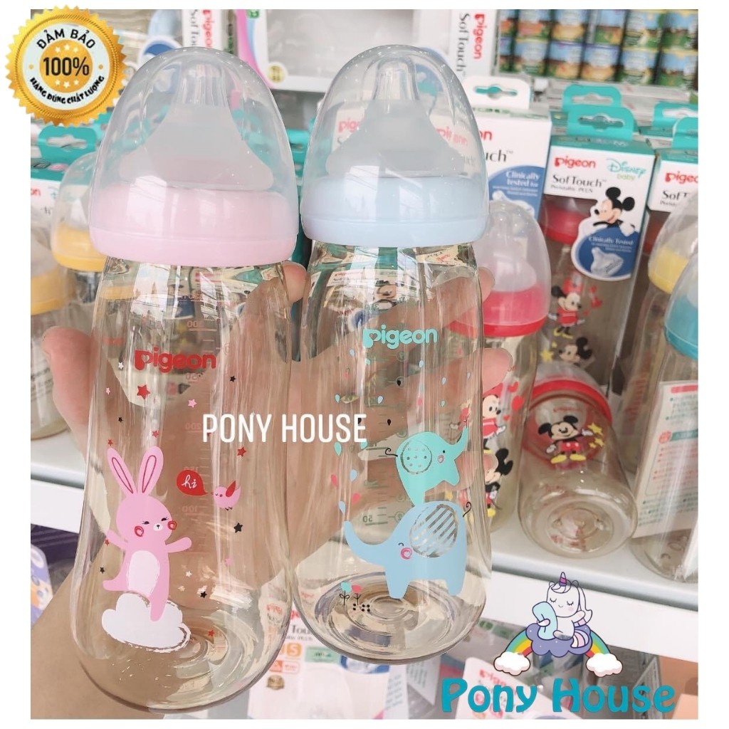 Bình Sữa Pigeon Cổ Rộng PPSU Plus Núm Siêu Mềm Voi xanh/ Thỏ hồng 330ml (L)