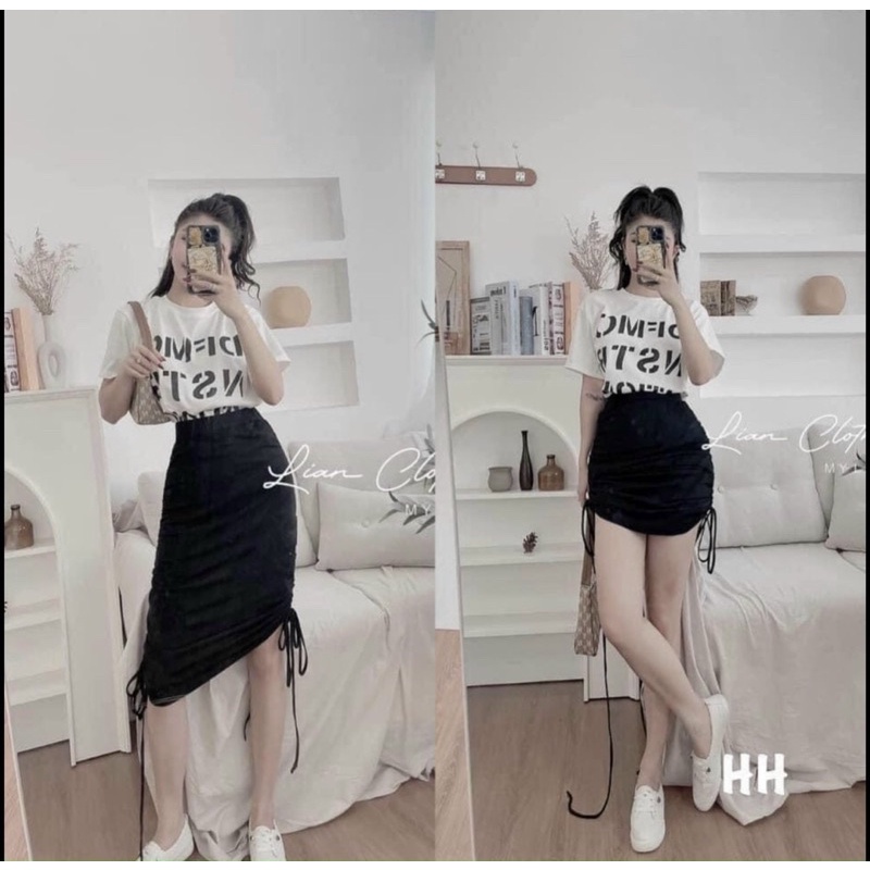 Chân váy dài rút dây 2 bên vải len gân - B5UA0