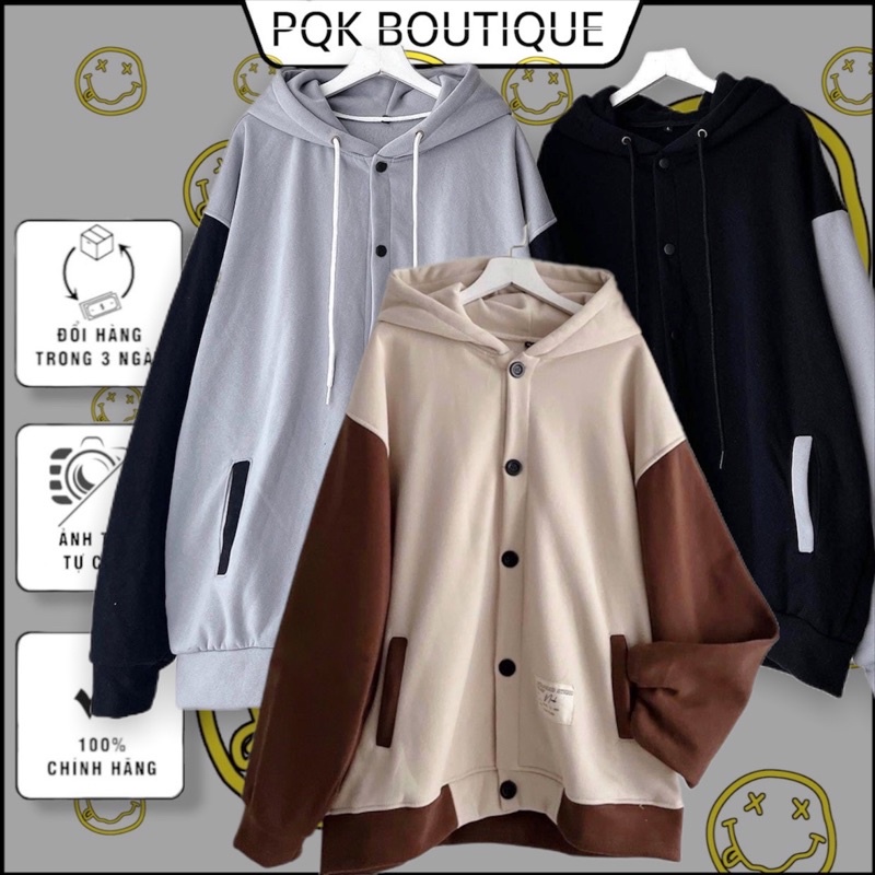 [sẵn] Áo Khoác Form Rộng Nút Gài 3 Màu Phối Tay Nâu BASIC PQK