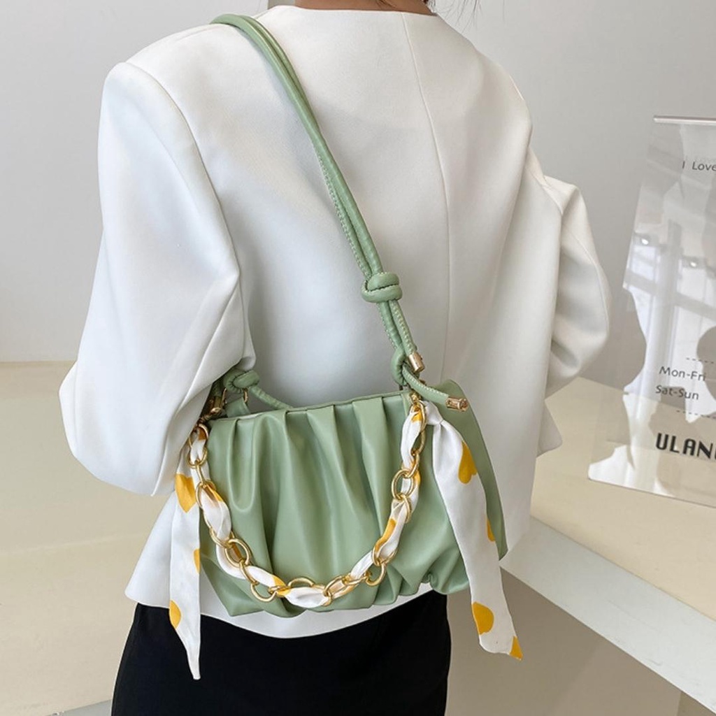 Túi xách nữ đeo chéo da PU xếp ly mix dây xích ruy băng thời trang Hàn Quốc TX4