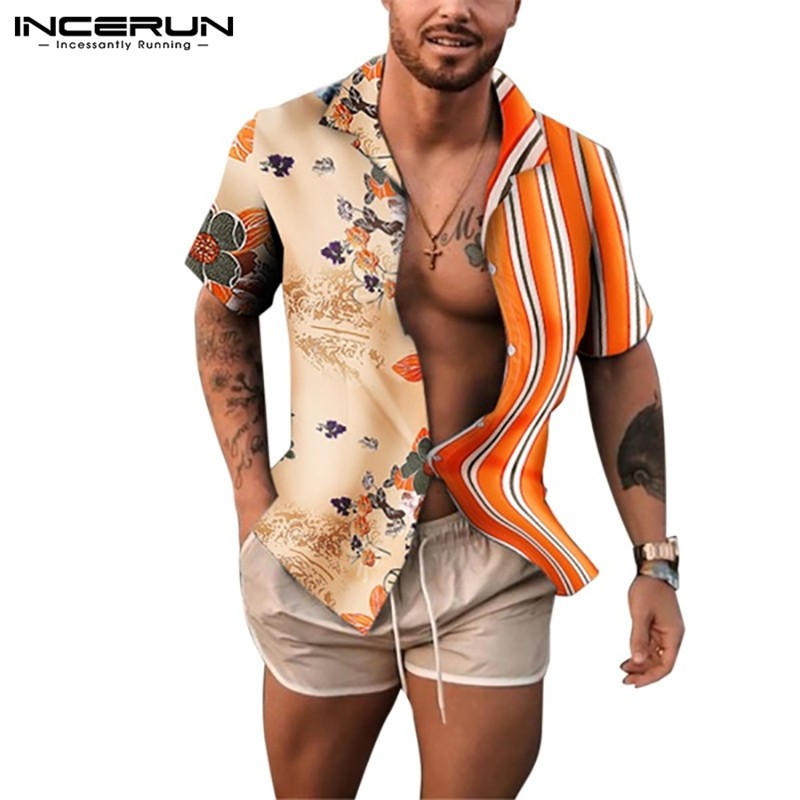 INCERUN Áo Sơ Mi Ngắn Tay Phối Màu Thời Trang Cho Nam