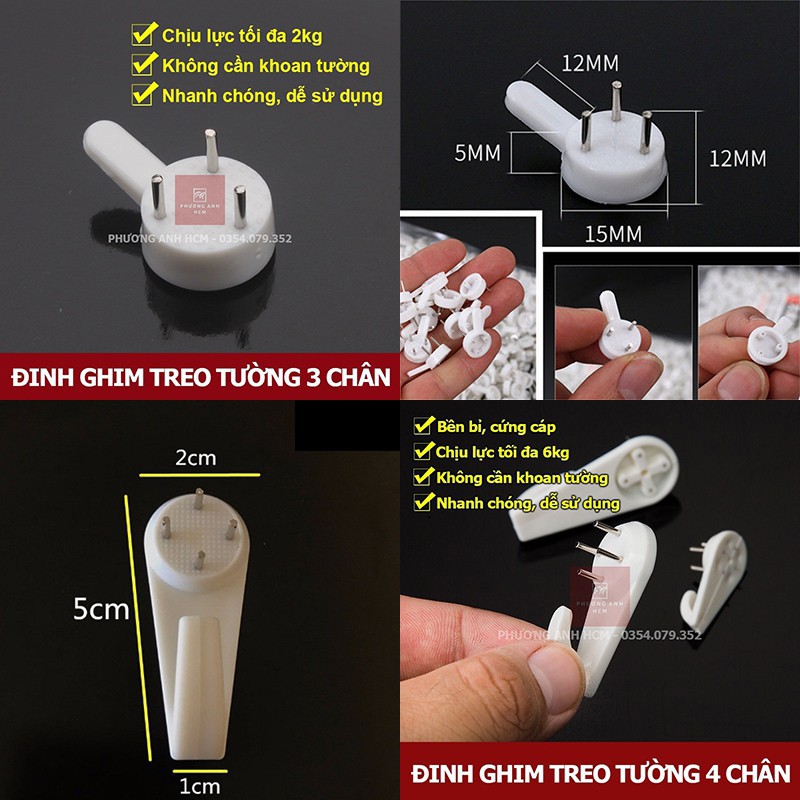 Combo 3 Đinh 3 Chân 4 chân, Đinh Đóng Tường treo ảnh vật dụng tiện ích không cần khoan