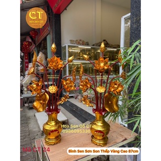 Hoa Sen Gỗ Mít Sơn Son Thếp Vàng Cao 87cm