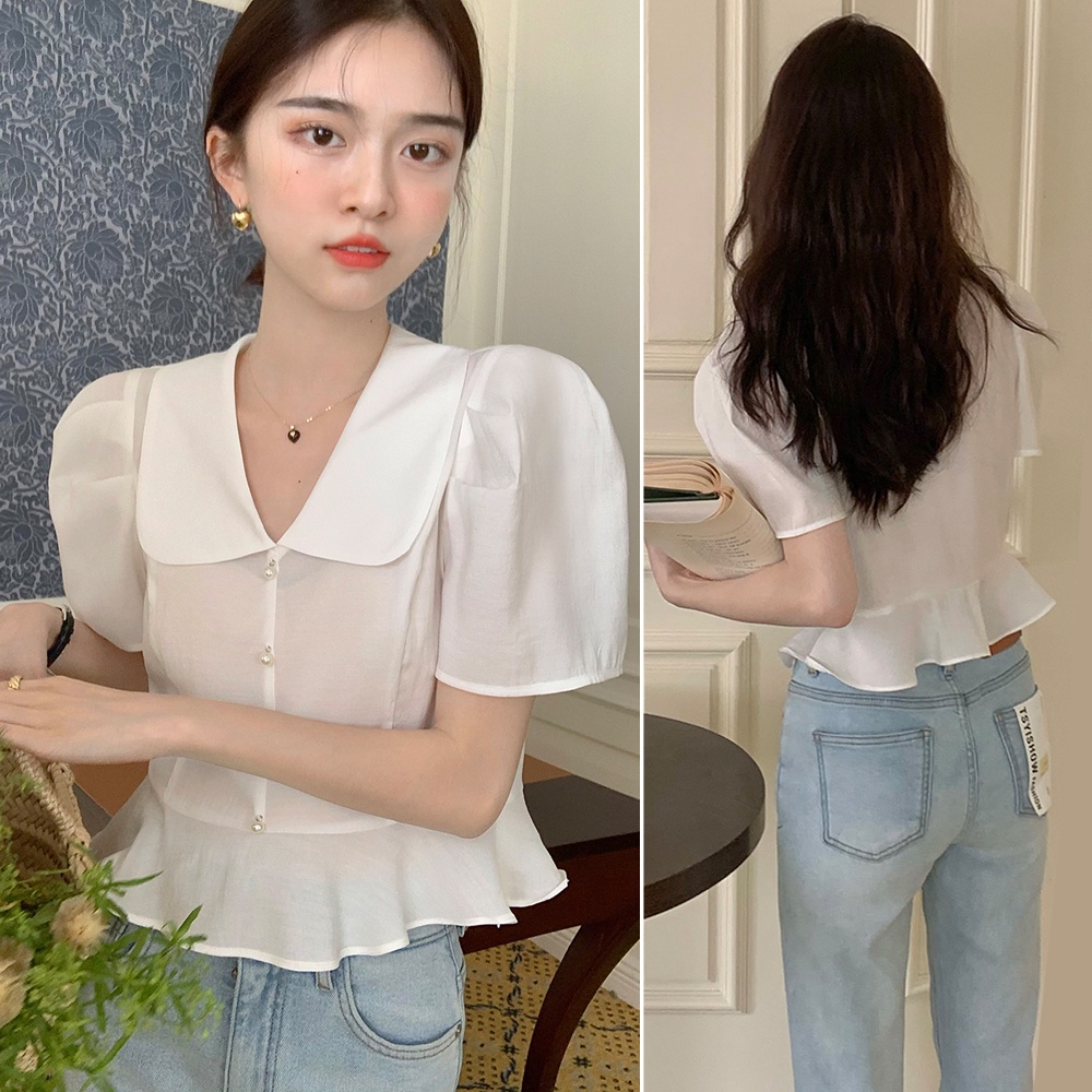 SUXI Áo Sơ Mi Tay Phồng Ngắn Cổ Búp Bê Phối Bèo Kiểu Pháp Dễ Thương