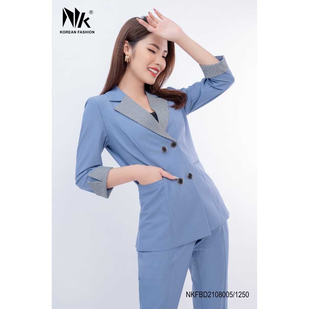 Bộ Vest Nữ Công Sở NK Fashion Thiết Kế Tay Lỡ Phối Kẻ Quần Tây Ống Đứng Chất Vải Nhập Hàn NKFBD2108005