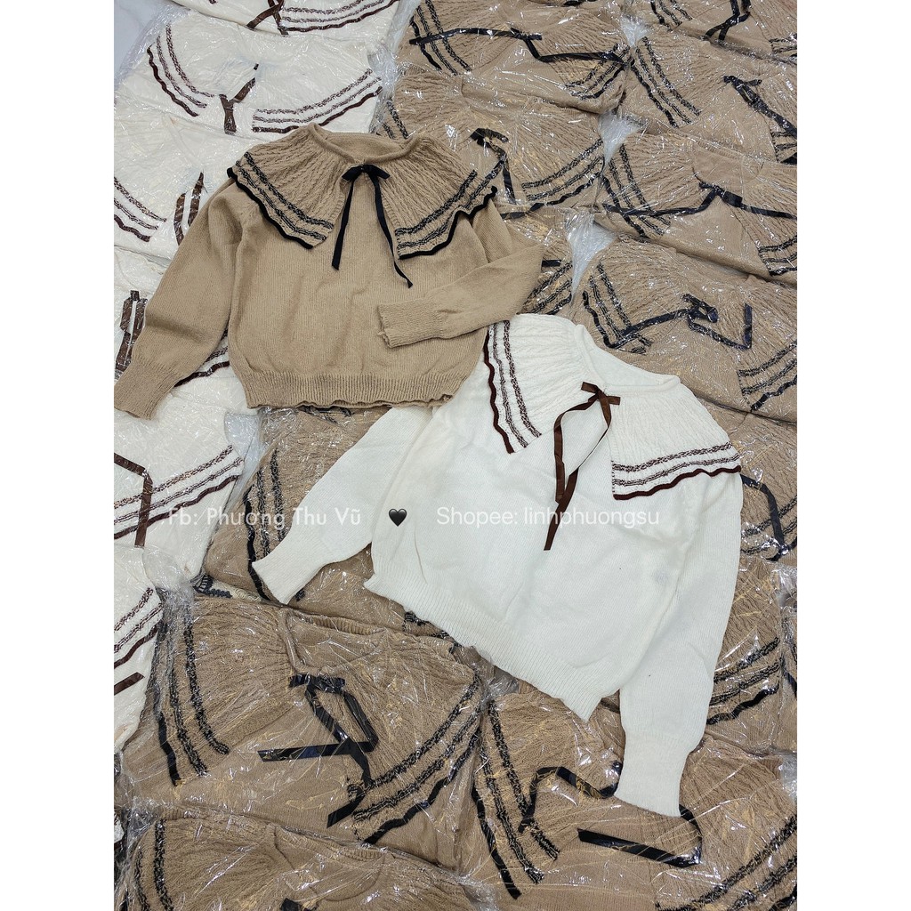 Áo len bèo trễ vai nơ ngực tông màu be - Ảnh thật tự chụp | BigBuy360 - bigbuy360.vn
