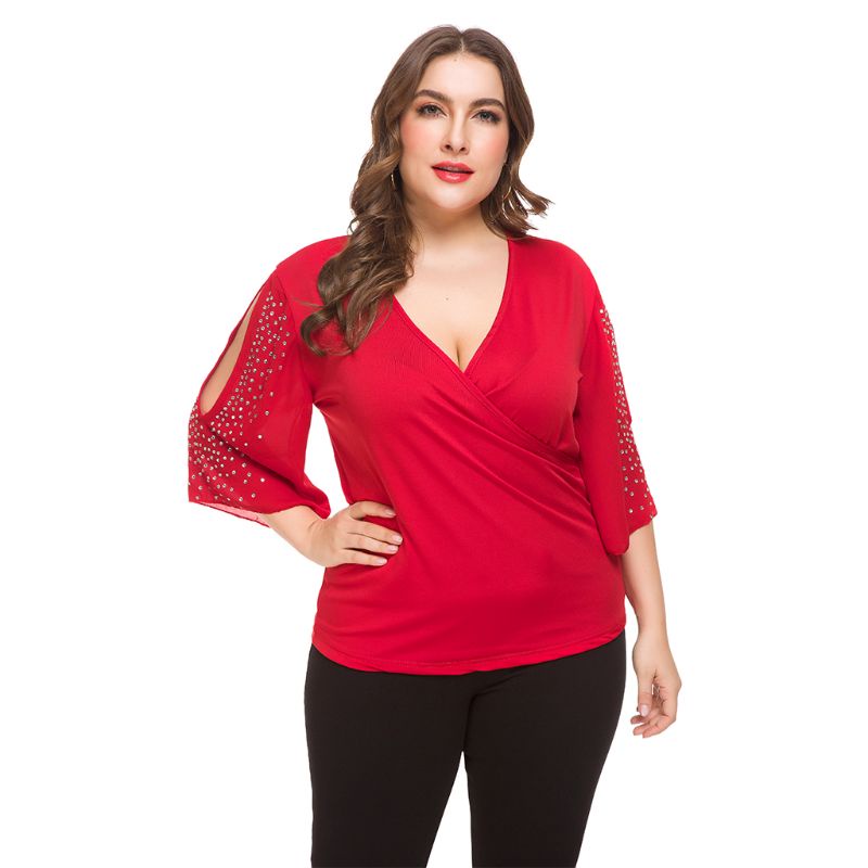 Đầm Ngắn Tay Cổ Chữ V Đính Đá Lấp Lánh Quyến Rũ Plus Size Cho Nữ