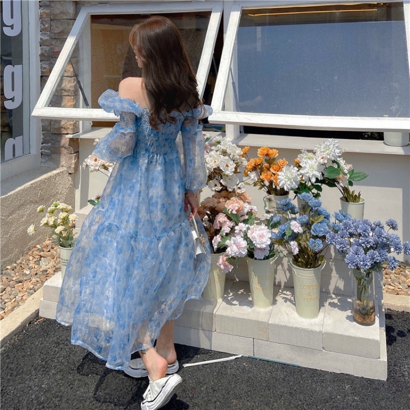 Váy trễ vai  voan hoa nhí dáng dài Ulzzang