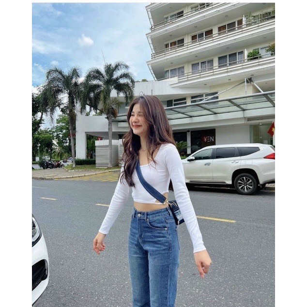 Áo thun croptop tay dài nữ buộc dây eo sexy - áo tay dài cổ vuông có dây buộc phía sau