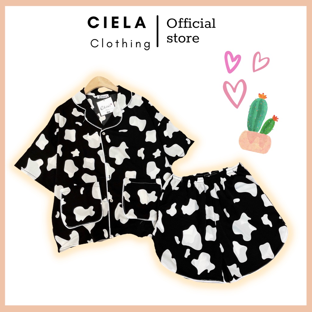 Set Bộ đồ ngủ Pijama mặc nhà họa tiết bò sữa tay cộc chất Mango mềm mịn, thoáng mát, siêu xinh