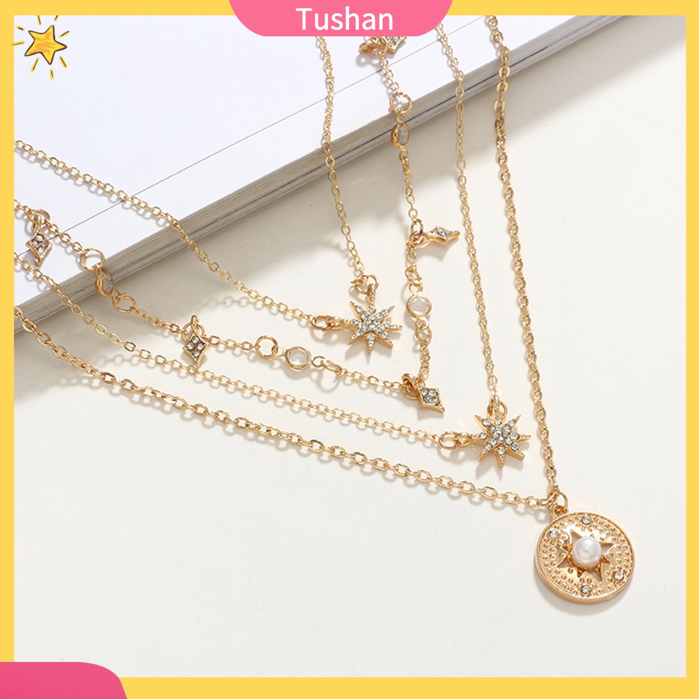 Dây chuyền nhiều lớp mặt ngôi sao gắn ngọc trai giả phong cách boho cho nữ