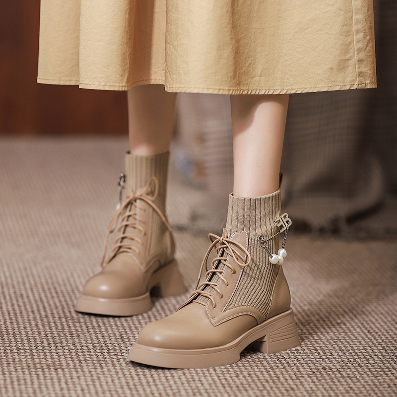 Boot Cổ Len Cổ Cao Bốt Nữ Cao Gót 5 Phân Phong Cách Retro