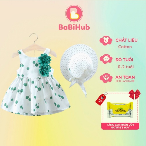 Đầm cho bé gái kèm mũ đính hoa, Váy cho bé gái 0-2 tuổi chất cotton mềm dáng xòe họa tiết cherry đáng yêu_19266259