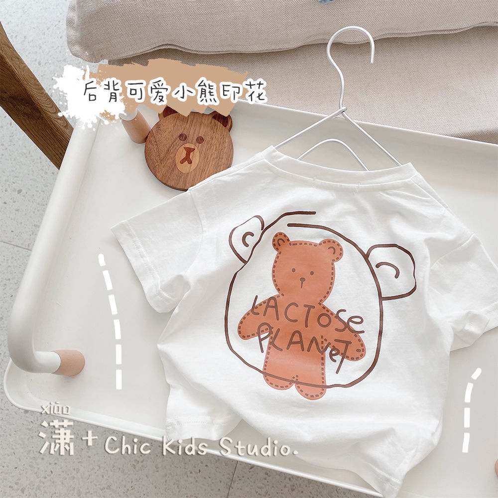 Áo thun 100% Cotton cổ tròn in hình gấu dễ thương phong cách hàn quốc cho bé
