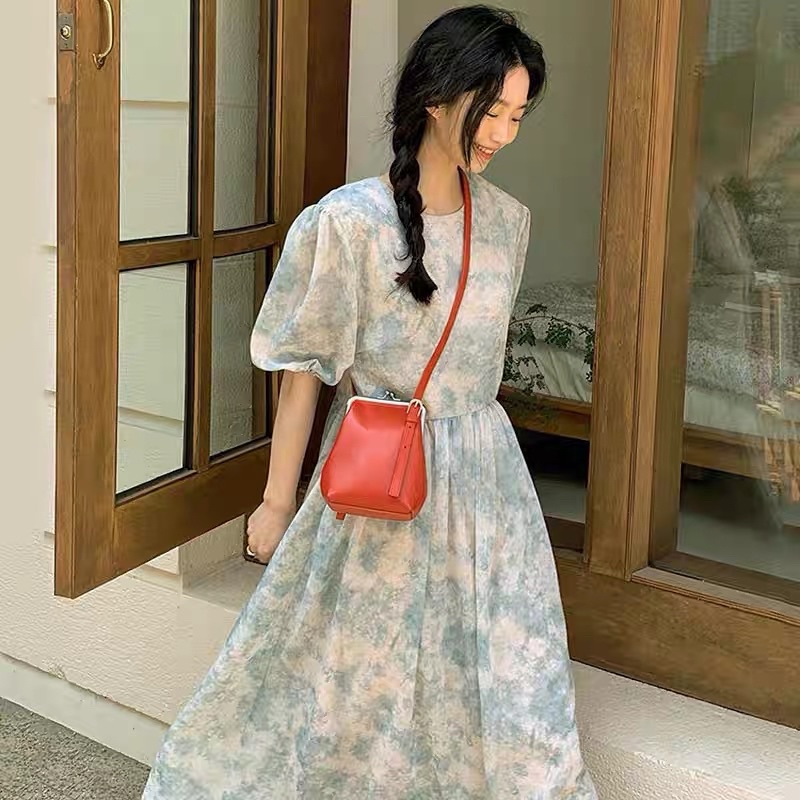 Váy MORAN voan hoa xanh loang pastel thun eo xòe dài bồng bồng vintage tiểu thư nhẹ nhàng