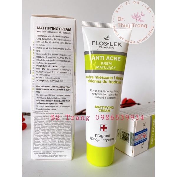 Floslek Pharma Kem Kiểm Soát Dầu Và Điều Tiết Nhờn Mattifying Cream 50ml dưỡng kiềm dầu floslek