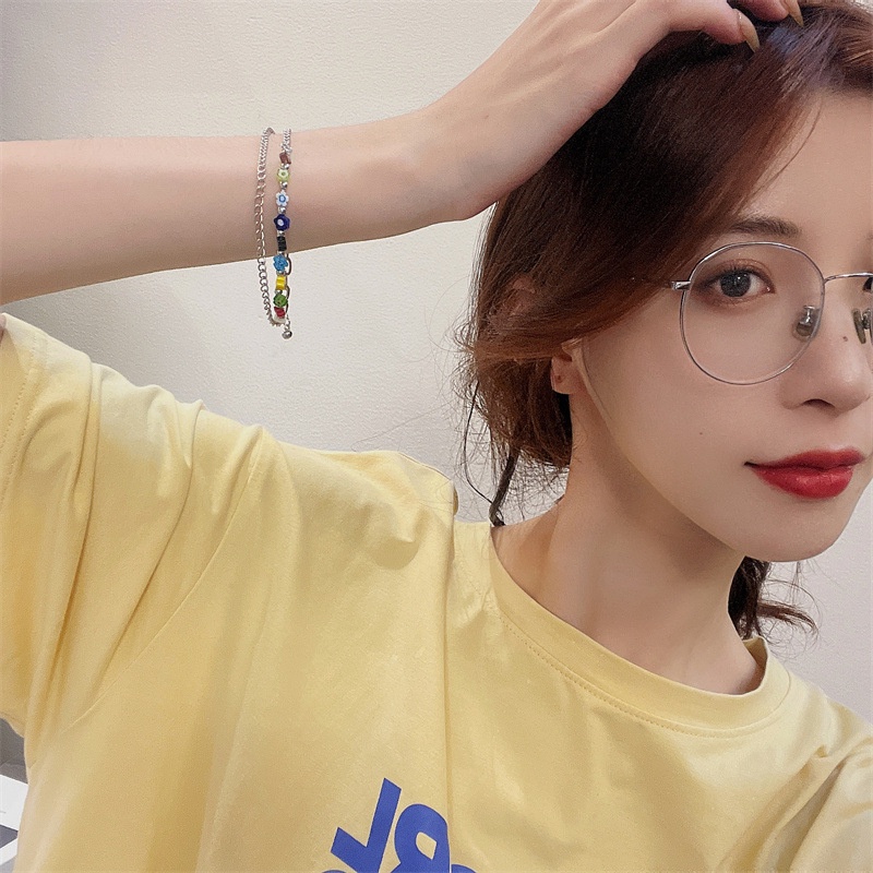 Vòng Tay Dây Xích Hai Lớp Mặt Kính Nhiều Màu Họa Tiết Hoa Đơn Giản